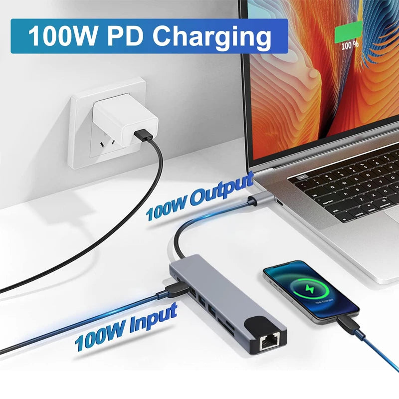 USB-C 8-in-1 Hub – 100W Power Delivery, Quick Charge, HDMI, RJ45, and Laptop Adapter for MacBook Air M1 & iPad Pro.