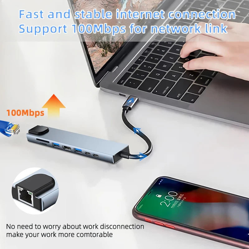 USB-C 8-in-1 Hub – 100W Power Delivery, Quick Charge, HDMI, RJ45, and Laptop Adapter for MacBook Air M1 & iPad Pro.