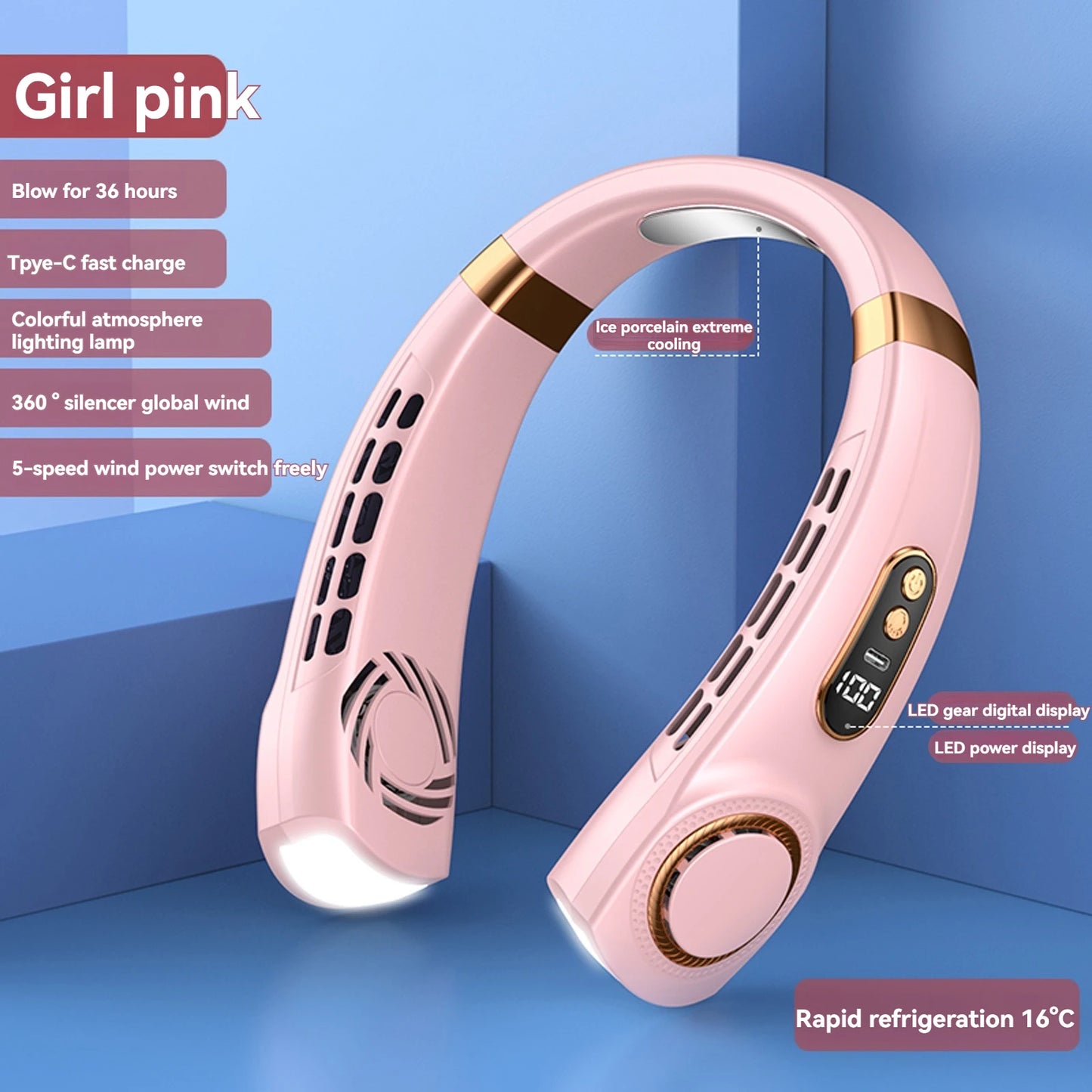 Portable USB Bladeless Neck Fan with Digital Display and Air Cooler