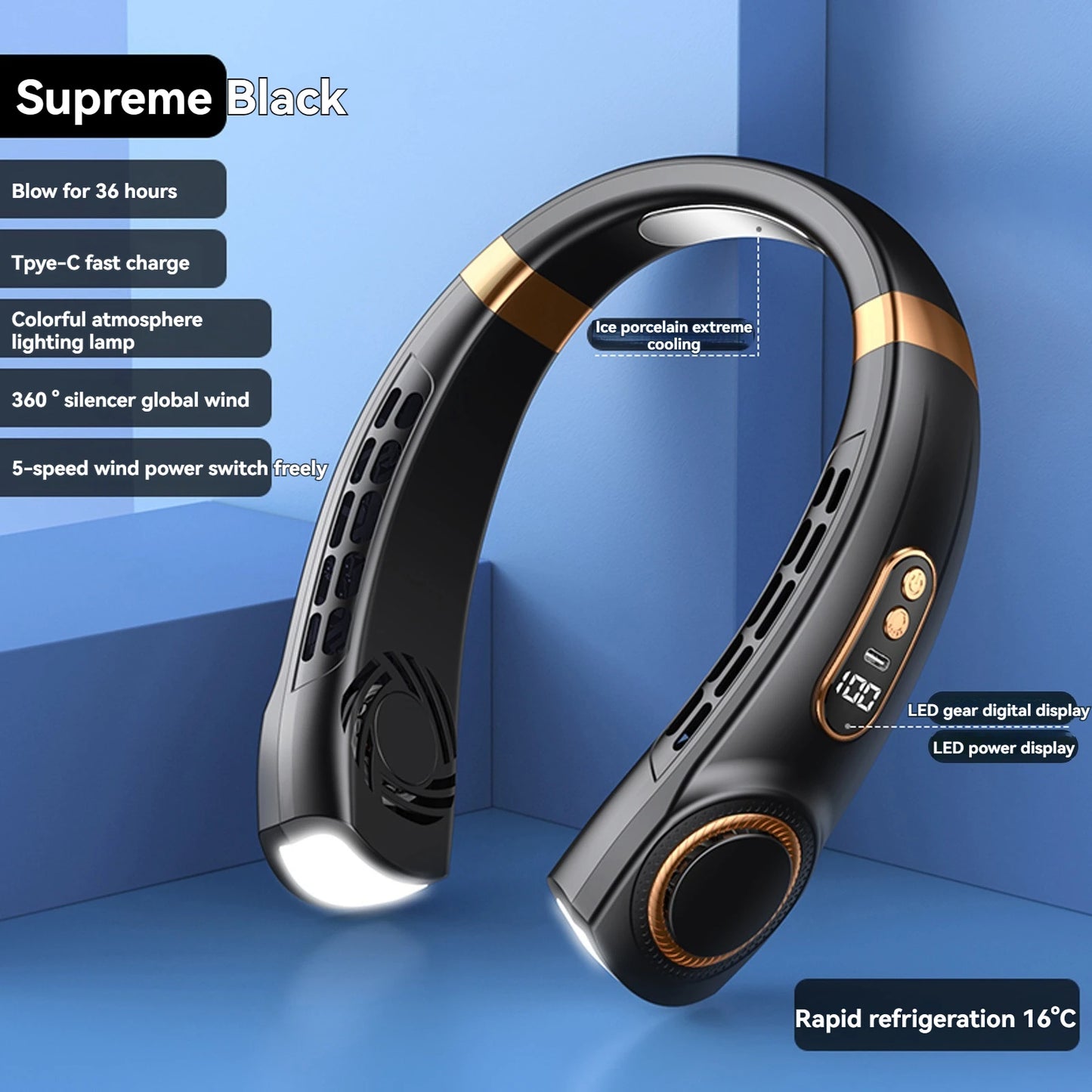Portable USB Bladeless Neck Fan with Digital Display and Air Cooler