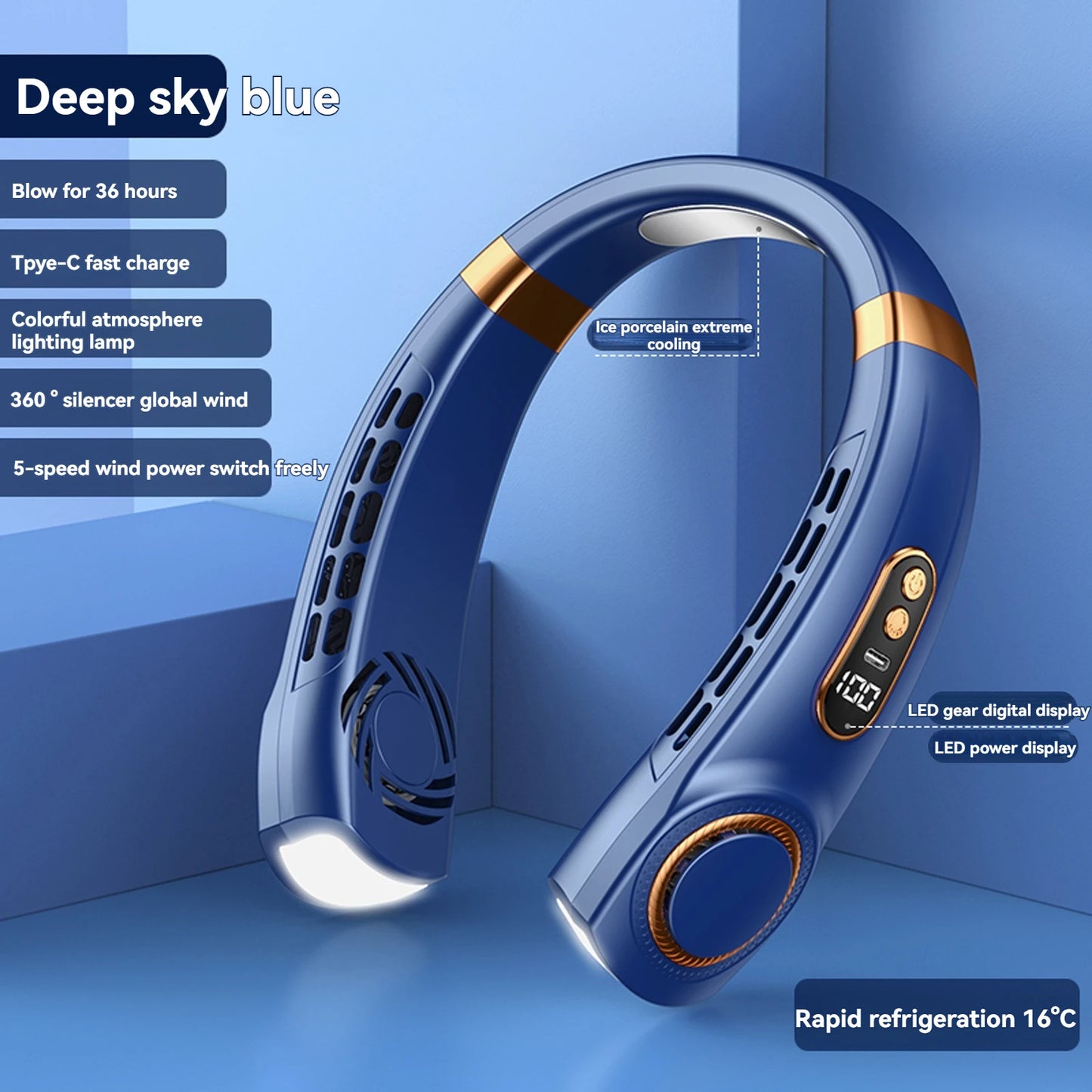 Portable USB Bladeless Neck Fan with Digital Display and Air Cooler