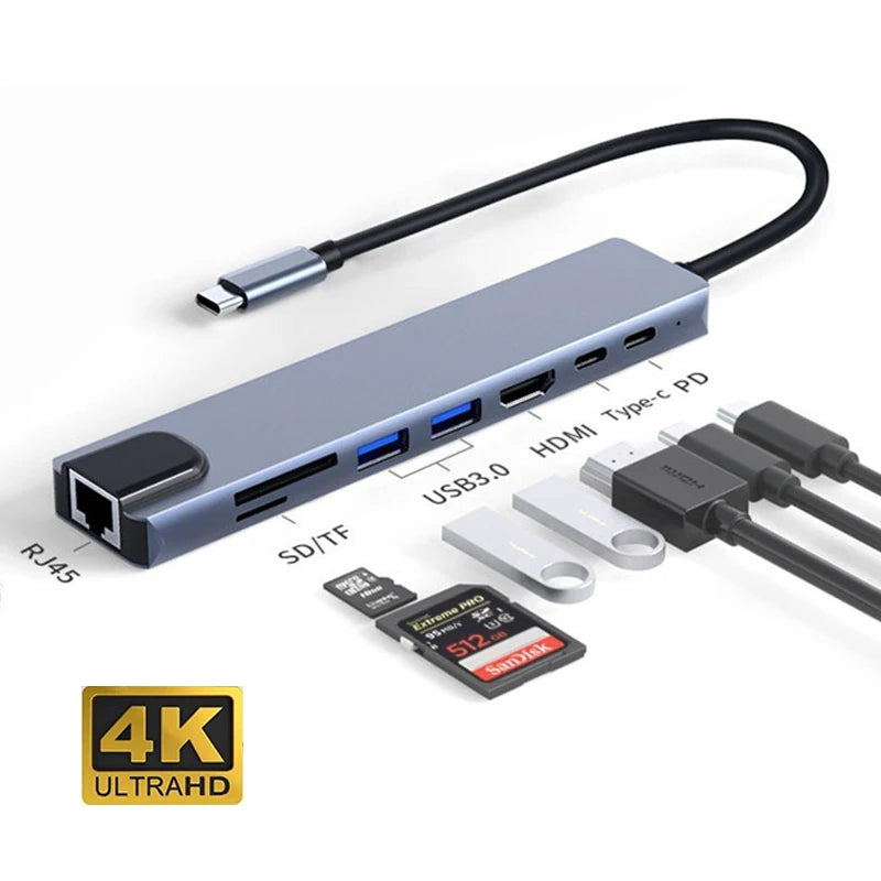 USB-C 8-in-1 Hub – 100W Power Delivery, Quick Charge, HDMI, RJ45, and Laptop Adapter for MacBook Air M1 & iPad Pro.