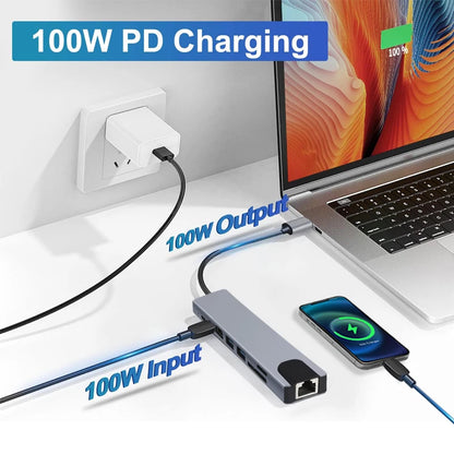 USB-C 8-in-1 Hub – 100W Power Delivery, Quick Charge, HDMI, RJ45, and Laptop Adapter for MacBook Air M1 & iPad Pro.