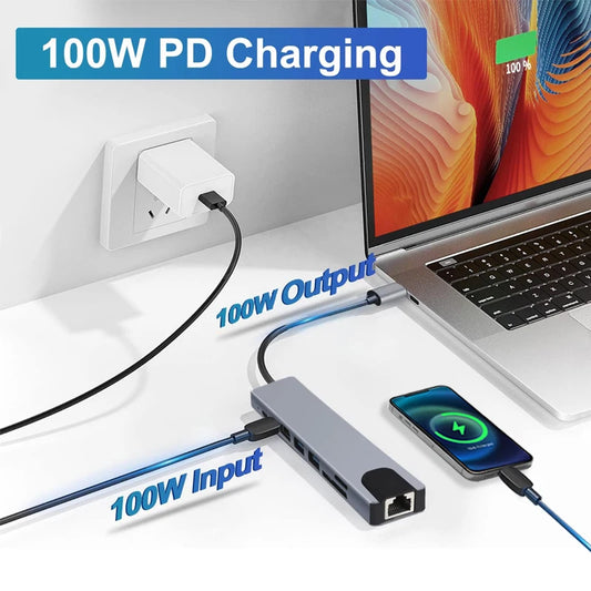 USB-C 8-in-1 Hub – 100W Power Delivery, Quick Charge, HDMI, RJ45, and Laptop Adapter for MacBook Air M1 & iPad Pro.