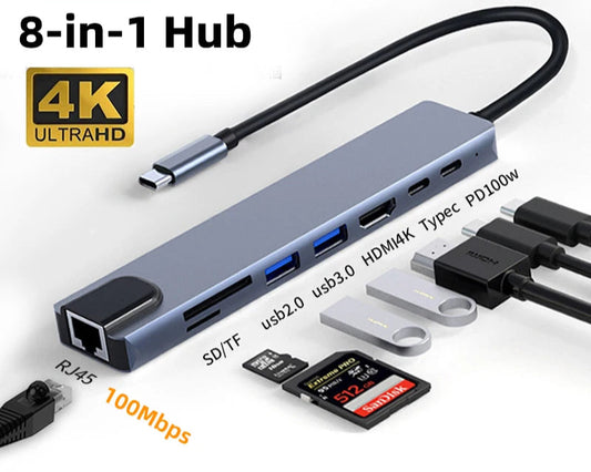 USB-C 8-in-1 Hub – 100W Power Delivery, Quick Charge, HDMI, RJ45, and Laptop Adapter for MacBook Air M1 & iPad Pro.